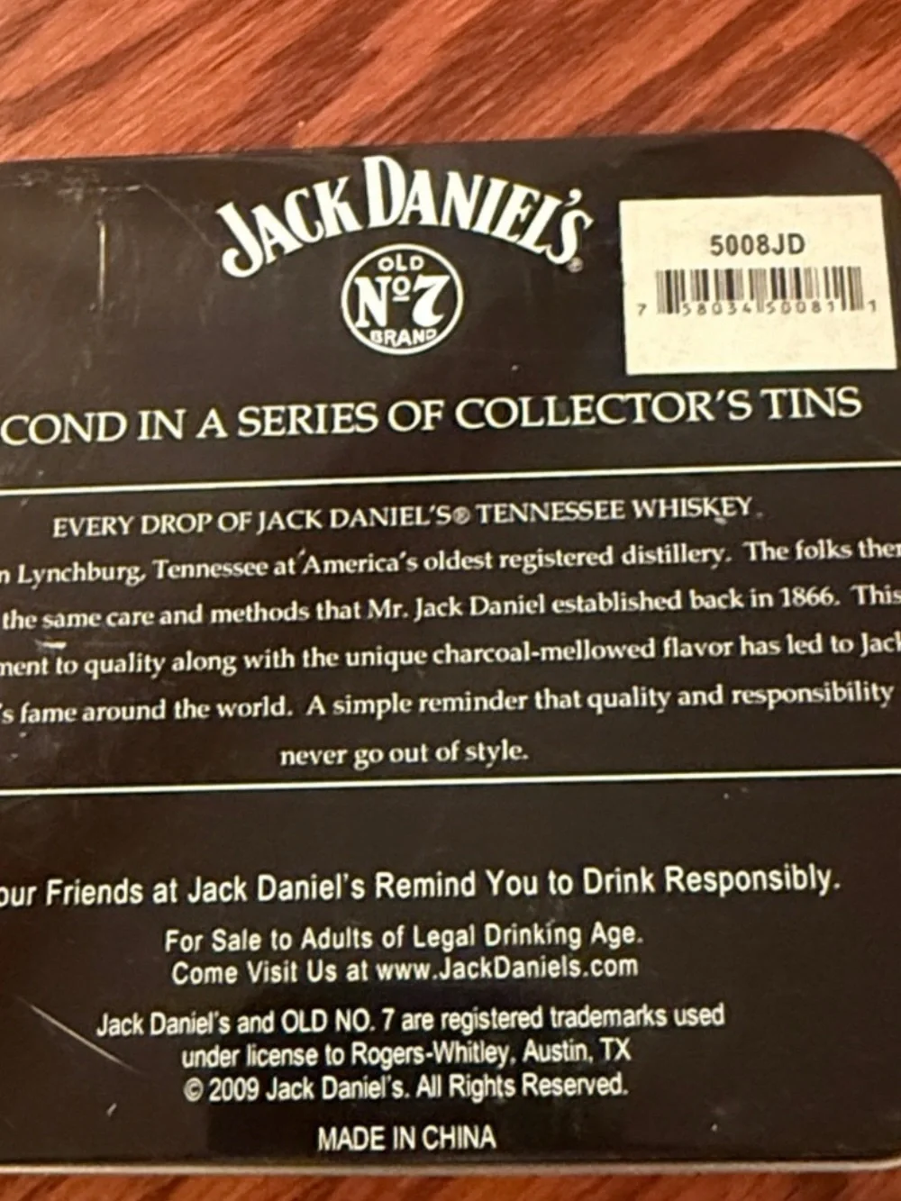 Jack Daniel’s Old No. 7 2009 Collector’s Tin Whiskey Advertising Bar Decor